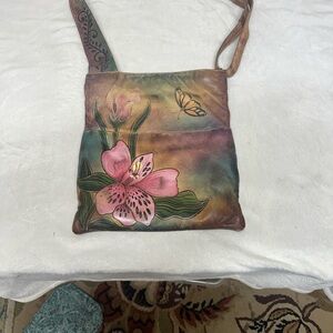 Vintage Anuschka Artistic Floral Handmade Leather Crossbody Bag